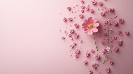 Fototapeta premium Pink flower composition with delicate blossoms on soft pink background