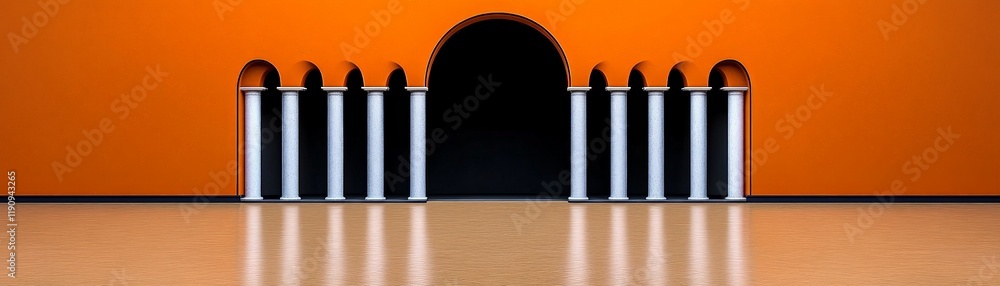 Poster a glimpse beyond: a minimalist architectural scene featuring a series of arches and pillars, a tanta