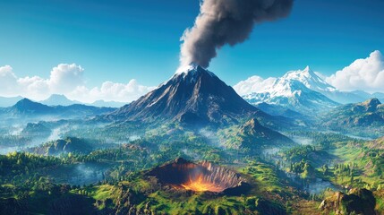 A majestic volcano with a smoking crater, dramatically juxtaposed against a clear blue sky and daylight, illustrating nature's fiery beauty