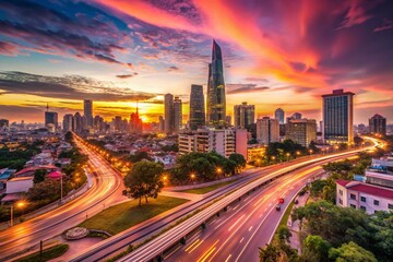 Fototapeta premium Panoramic Long Exposure Sunrise over Ho Chi Minh City Skyline