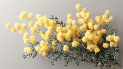Lush yellow acacia flowers with green foliage on light background
