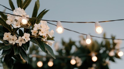 Charming outdoor evening gathering with floral decor and string lights garden setting photography relaxed atmosphere