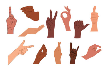 Multiracial diverse human hands with different gestures, showing sign ok, okay, victory, thumb up. Vector colorful hand drawn flat illustrations, icons isolated