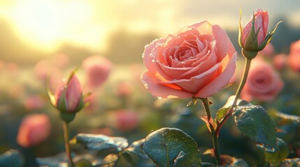 Dew-kissed pink roses in sunrise light