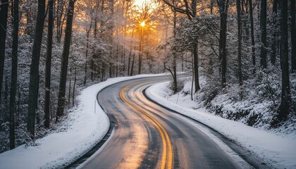Obraz premium Transforming The Winter Landscape: A Country Road Trip At Sunrise With Scenic Views And Beautifully Manicured Roads