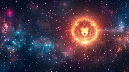 Astrological Leo symbol glowing in a cosmic array of bright stars and constellations