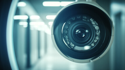 close up of security camera lens in modern hallway, capturing essence of surveillance technology with futuristic ambiance
