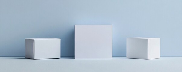 Three white boxes of different sizes creating a modern still life on blue background