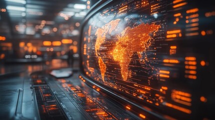 Futuristic digital travel interface with glowing world map and data overlays. Generative AI