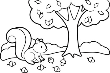 Adorable Squirrel Coloring Page Autumn Tree, Acorns, Nature