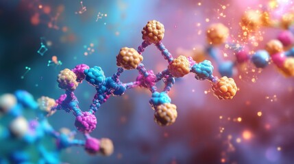 Complex molecule structure rotating, showing interconnected atoms and bonds, representing a scientific visualization of a chemical compound or dna strand