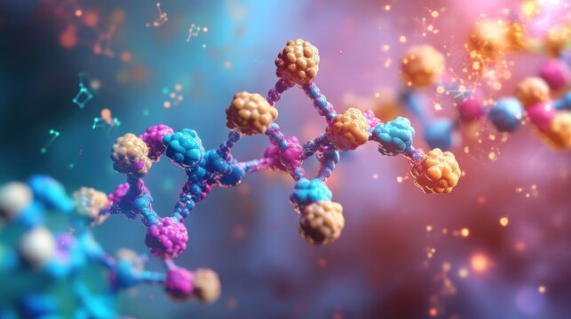 Complex molecule structure rotating, showing interconnected atoms and bonds, representing a scientific visualization of a chemical compound or dna strand
