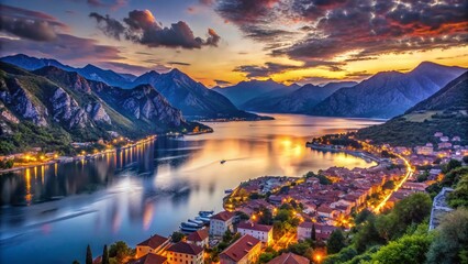 Obraz premium Panoramic Night View of Kotor Bay, Montenegro - Dramatic Low Light Adriatic Coastline