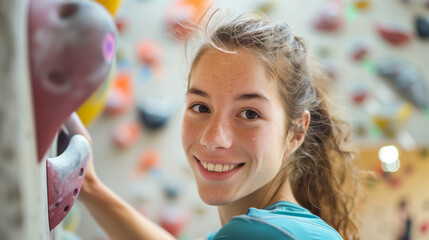 Obraz premium A young climber smiling confidently, embodying determination and adventure, perfect for fitness, sports, and motivational themes