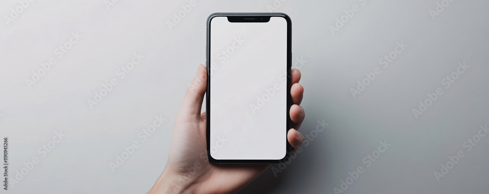 Poster hand holding smartphone with blank white screen on grey background