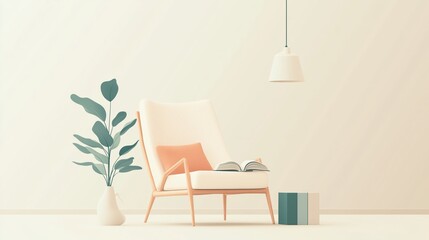 A minimalist lifestyle icon of a cozy chair and a book, symbolizing relaxation and leisure. The icon uses soft lines and a calming color palette, creating a soothing atmosphere.