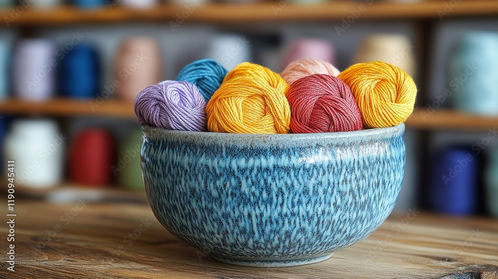 Poster colorful threads displayed in a handcrafted bowl at a crafting studio in a cozy setting
