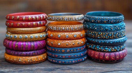 Colorful bangles stacked beautifully on a wooden surface in a festive setting