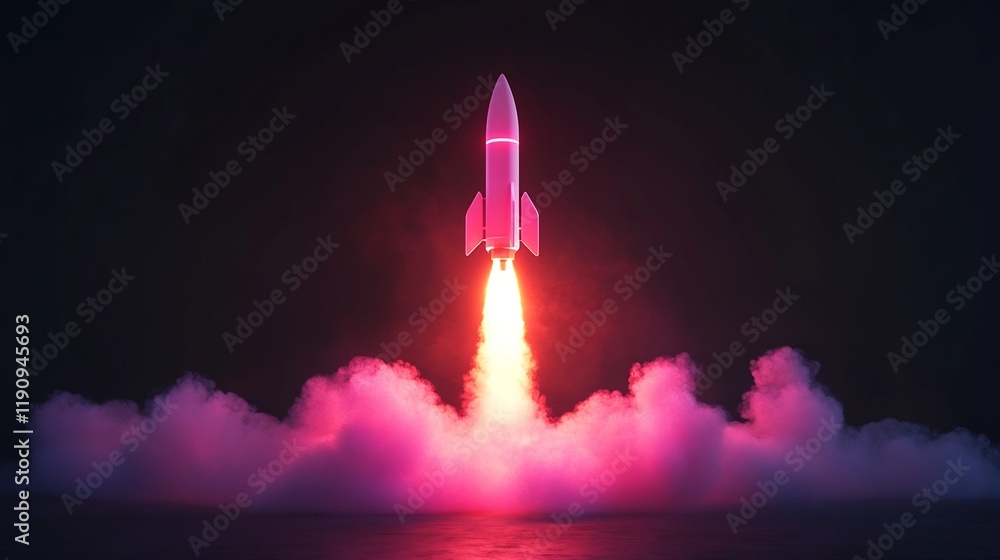 Poster glowing rocket launch in minimal abstract startup concept
