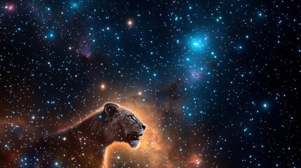 Celestial lion prowling through a radiant interstellar landscape of stars and galaxies