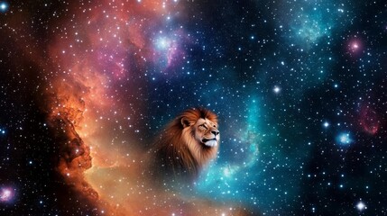 Celestial lion prowling through a radiant interstellar landscape of stars and galaxies