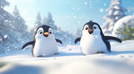 A playful scene of two penguins belly-sliding on fresh snow, their joyful energy captured beneath a clear winter sky