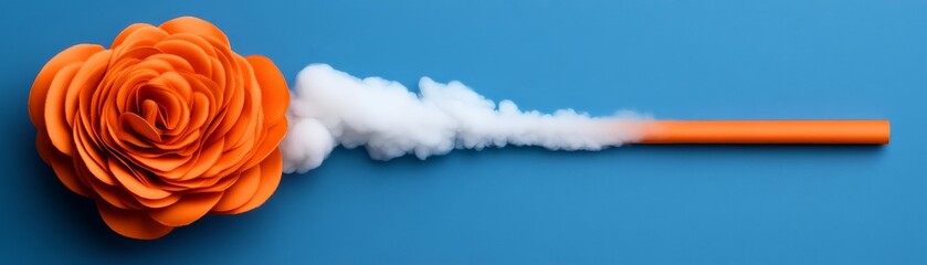 Orange Rose with Cotton Cloud: A vibrant orange rose blooms with a fluffy cotton cloud trailing behind, creating a whimsical and surreal visual metaphor.