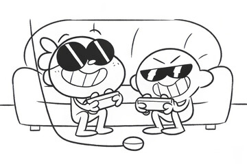 Fototapeta premium Cartoon duo playing video games on a couch, black and white drawing