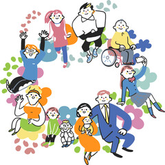 円を描いて集まる様々な年齢やライフスタイルを持つ人々　ストックイラスト素材
