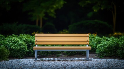 Modern wooden bench surrounded by lush greenery in a tranquil park setting at night