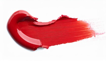 Red lipstick smear smudge swatch isolated on white background, cream makeup texture, color cosmetic product brush stroke swipe close up.