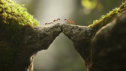 Obraz premium Ants collaborating across rocky gap in lush forest, showcasing teamwork and nature's resilience on a mossy landscape, close-up.