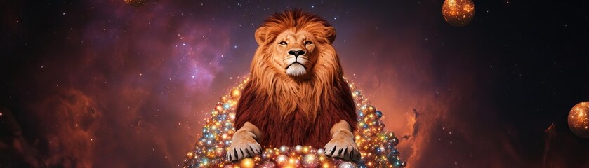 Fototapeta premium Celestial lion seated on a throne of meteors, stardust glowing around its regal figure