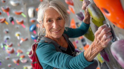 An older woman focuses on her climbing technique on a vibrant rock wall, embodying strength and perseverance in sports