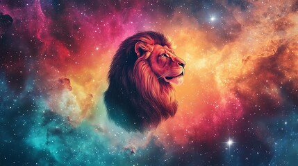 Celestial lion silhouette glowing in a vibrant nebula, surrounded by cosmic energy