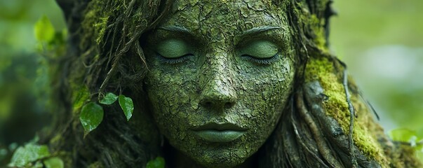 Statue of a woman covered in moss and vines, surrounded by forest roots and plants, Guardian of Nature, Nymph, dryad, fairy spirit in the woods, mystical and legendary