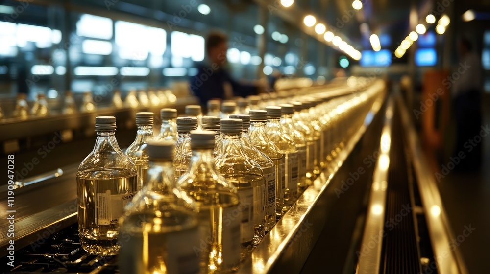 Aufkleber A repetitive pattern of clear bottles aligned on a production line, gleaming under the factory lights, showcasing precision and efficient manufacturing