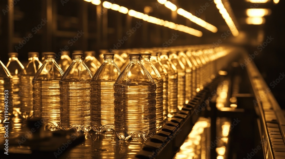 Aufkleber A repetitive pattern of clear bottles aligned on a production line, gleaming under the factory lights, showcasing precision and efficient manufacturing