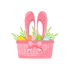 Pink basket with painted Easter eggs and green leaves. Element of religious tradition. Isolated
