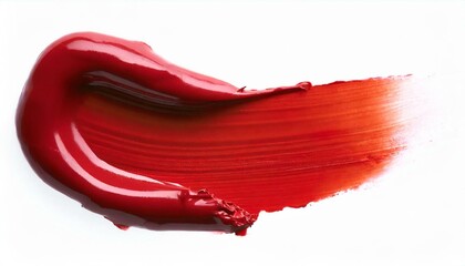 Red lipstick smear smudge swatch isolated on white background, cream makeup texture, color cosmetic product brush stroke swipe close up.