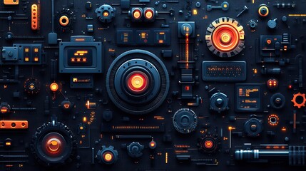 Seamless machinery pattern with technical elements in a flat vector style