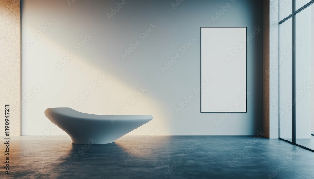 Poster modern reception desk in office interior with empty billboard: mock up and rendering - a side view p