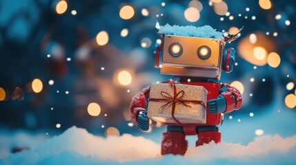 Fototapeta premium A robot in a snowy landscape, holding a beautifully wrapped Christmas gift, with holiday lights surrounding it, blending technology with festive holiday spirit