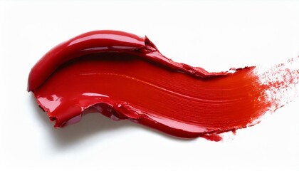Red lipstick smear smudge swatch isolated on white background, cream makeup texture, color cosmetic product brush stroke swipe close up.