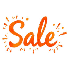 "Sale" hand-lettered in a vibrant orange watercolor style, surrounded by dynamic splatters and dashes. 