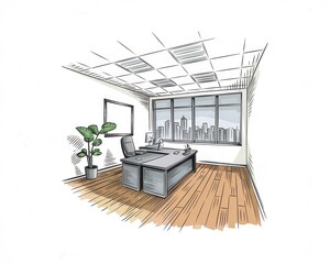 Modern Office Design Sketch Showing City View