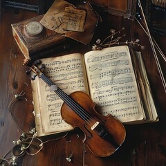 Naklejka premium Violin rests on antique sheet music with dried flowers.