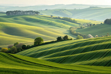 Naklejka premium Rolling green hills in morning light, tranquil rural scenery