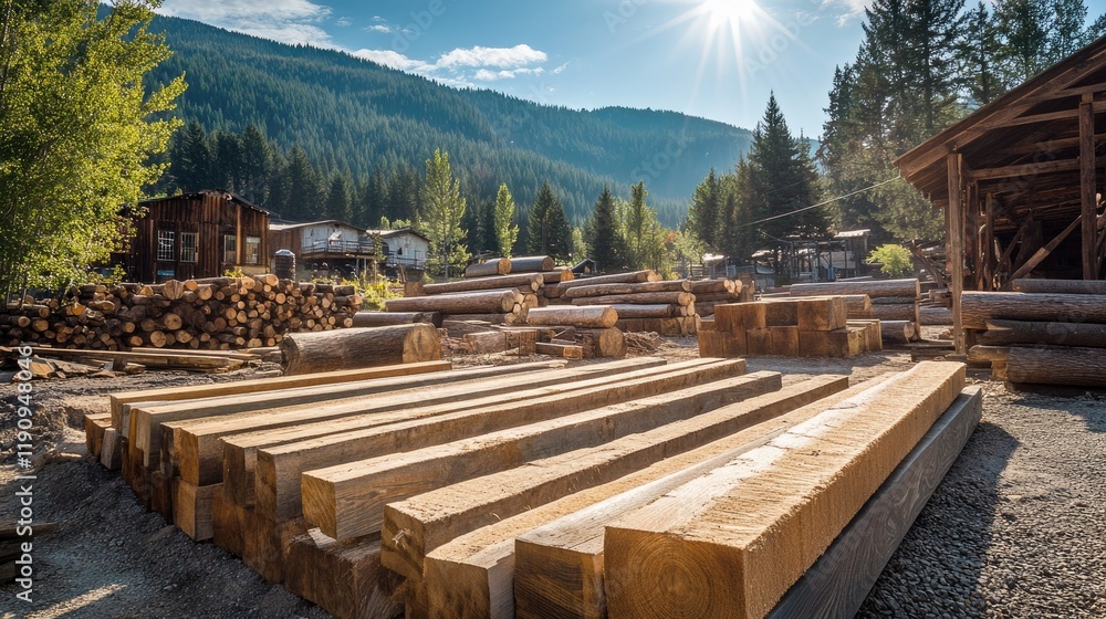 Poster A rustic lumberyard scene with square beams drying in the sun, surrounded by rough logs in the distance, capturing the essence of outdoor craftsmanship