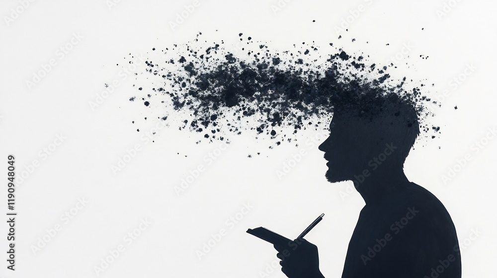 Poster silhouetted writer with flowing sound waves symbolizing creativity and expression